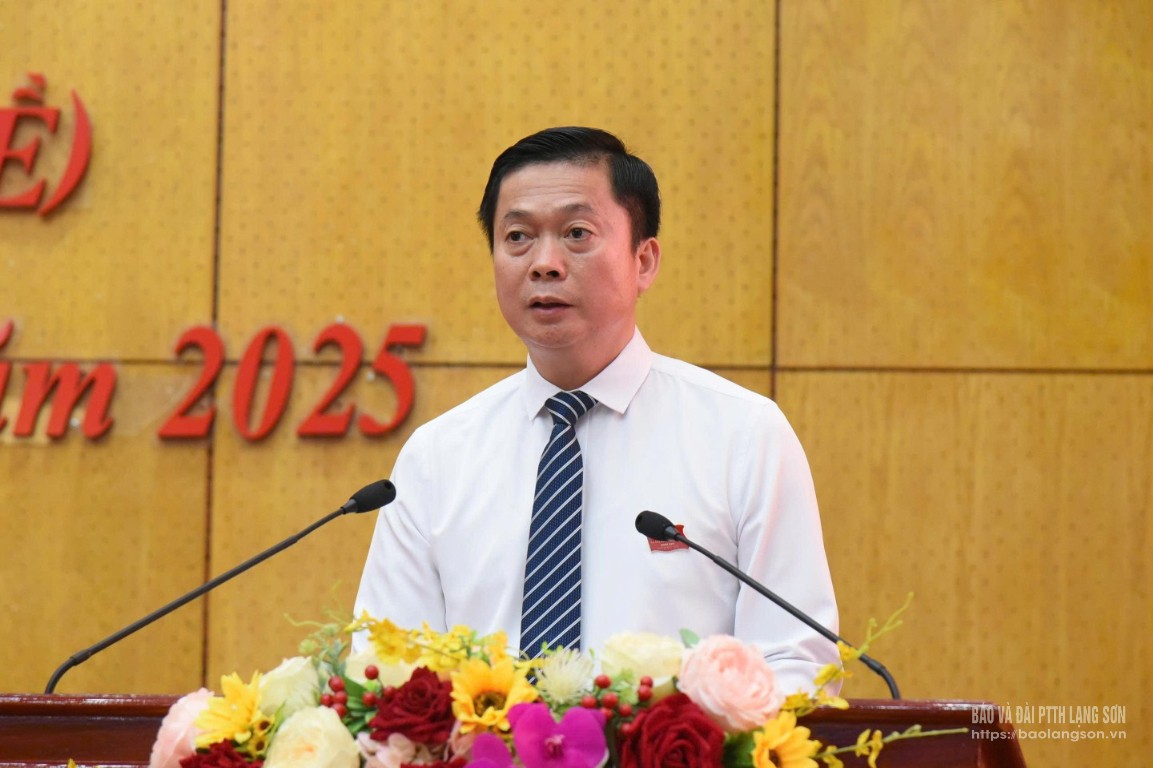 Đồng chí Đinh Hữu Học, Phó Chủ tịch Thường trực HĐND tỉnh thuyết trình về các dự thảo nghị quyết của HĐND tỉnh