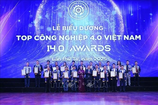 Vice Chairwoman of the National Assembly Nguyen Thi Thanh (front, fifth from left) and Chairman of the Vietnam Union of Science and Technology Associations Phan Xuan Dung are with enterprises honoured at the Industrie 4.0 Awards. (Photo: VNA)