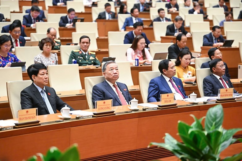 Tổng Bí thư Tô Lâm, Chủ tịch nước Lương Cường, Thủ tướng Chính phủ Phạm Minh Chính, Thường trực Ban Bí thư Trần Cẩm Tú cùng các đại biểu tham dự phiên họp