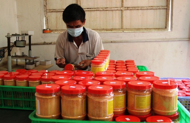 Quy trình sản xuất muối tôm, muối ớt tại một cơ sở ở Tây Ninh. (Ảnh: Lê Đức Hoảnh/TTXVN)