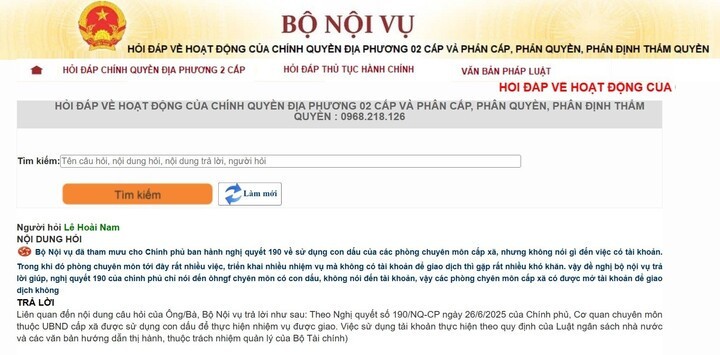 Bộ Nội vụ ra mắt chuyên mục “Hỏi đáp về hoạt động của chính quyền địa phương 2 cấp và phân cấp, phân quyền, phân định thẩm quyền” tại địa chỉ: moha.gov.vn và số hotline 0968.218.126. (Ảnh chụp màn hình)