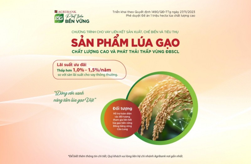 Agribank triển khai chương trình tín dụng ưu đãi phục vụ Đề án 1 triệu hecta lúa chất lượng cao, phát thải thấp vùng Đồng bằng sông Cửu Long