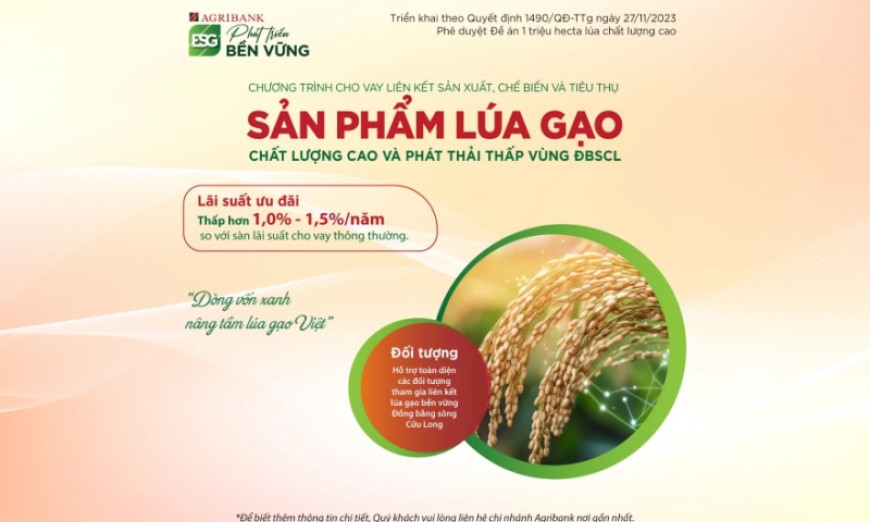 Agribank triển khai chương trình tín dụng ưu đãi phục vụ Đề án 1 triệu hecta lúa chất lượng cao, phát thải thấp vùng Đồng bằng sông Cửu Long