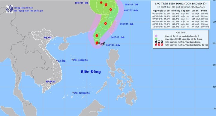 Dự báo đường đi và khu vực ảnh hưởng của bão số 2. (Nguồn: NCHMF)