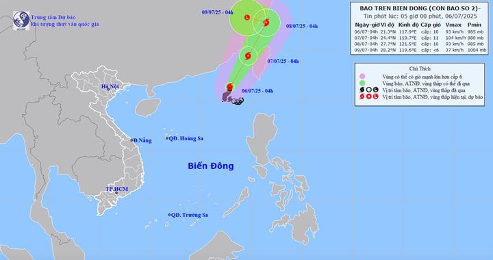Dự báo đường đi và khu vực ảnh hưởng của bão số 2. (Nguồn: NCHMF)
