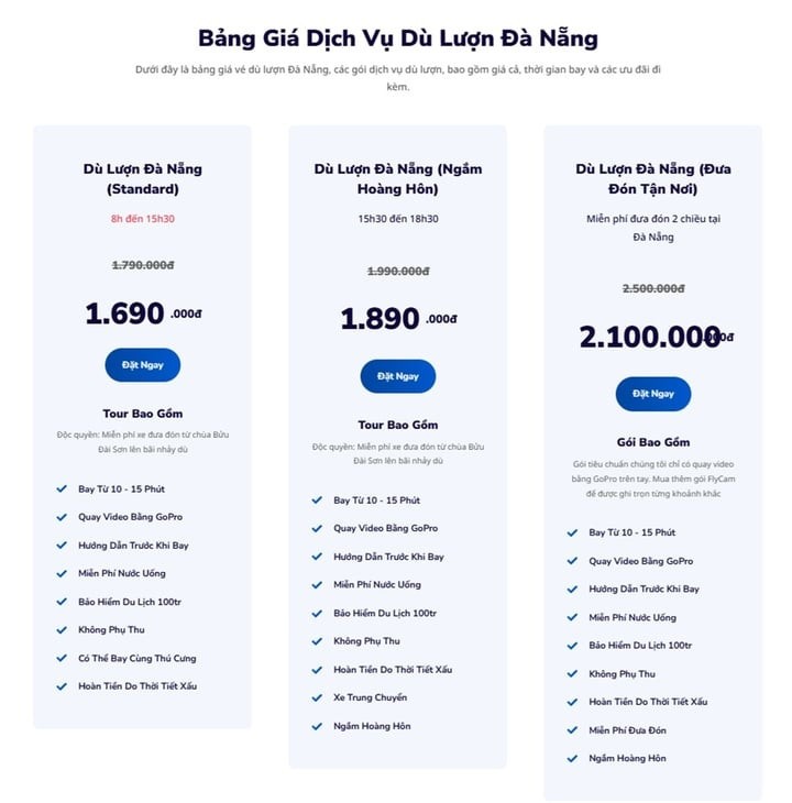 Bảng giá dịch vụ dù lượn Đà Nẵng. (Ảnh chụp màn hình)