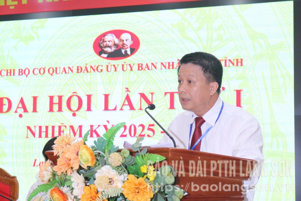 Đồng chí Nguyễn Quang Tuấn, Phó Bí thư Đảng ủy UBND tỉnh, Bí thư Chi bộ Cơ quan Đảng ủy UBND tỉnh nhiệm kỳ 2020-2025 phát biểu tại Đại hội