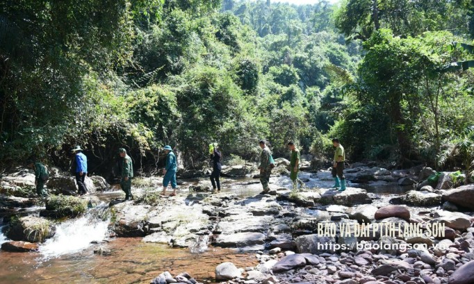 Cán bộ Hạt Kiểm lâm khu vực Đình Lập phối hợp với các lực lượng tuần rừng tại xã Châu Sơn