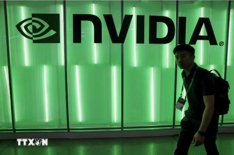 Biểu tượng của Tập đoàn Nvidia tại một triển lãm máy tính ở Đài Loan (Trung Quốc). (Ảnh: Reuters/TTXVN)