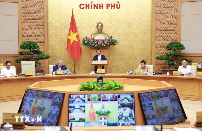 Thủ tướng Phạm Minh Chính chủ trì Phiên họp Chính phủ thường kỳ tháng 6 năm 2025 và Hội nghị trực tuyến Chính phủ với các địa phương. (Ảnh: Dương Giang/TTXVN)