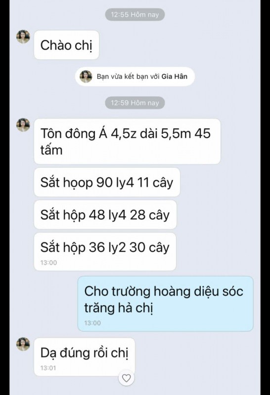 Đối tượng có nick Gia Hân giả danh cán bộ Trường THPT Hoàng Diệu để đặt mua hàng.
