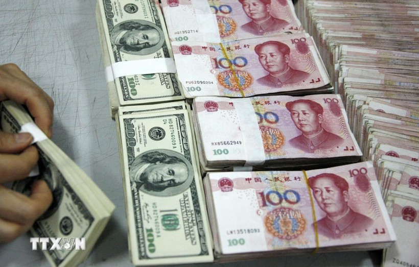 Nhân viên kiểm đồng USD và nhân dân tệ. (Ảnh: AFP/TTXVN)