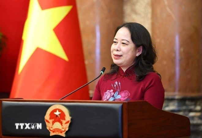 Phó Chủ tịch nước Võ Thị Ánh Xuân phát biểu tại buổi gặp mặt. (Ảnh: Minh Đức/TTXVN)