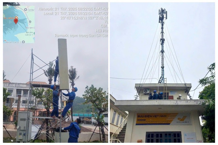 Cán bộ kỹ thuật VNPT địa bàn Hưng Yên đang gia cố trạm phát sóng tại xã Nam Cường (Ảnh: VNPT)
