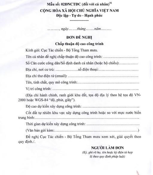 Mẫu đơn đề nghị chấp thuận độ cao công trình thực hiện đối với cá nhân.