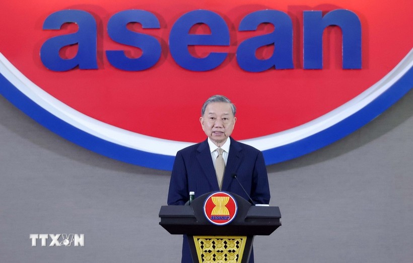 Tổng Bí thư Tô Lâm phát biểu tại Lễ kỷ niệm 30 năm Việt Nam gia nhập ASEAN, ngày 10/3/2025, ở thủ đô Jakarta, Indonesia. (Ảnh: Thống Nhất/TTXVN)
