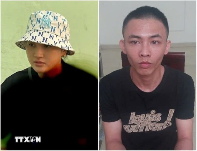 Đối tượng Bùi Thị Thảo (sinh năm 1994, quê quán: xã Diễn Kim, huyện Diễn Châu; trú quận Tân Phú, Thành phố Hồ Chí Minh) và Lê Văn Hà (sinh năm 1999; trú xã Tam Đỉnh, huyện Anh Sơn) - cầm đầu đường dây mua bán người- tại cơ quan công an. (Ảnh: TTXVN phát)