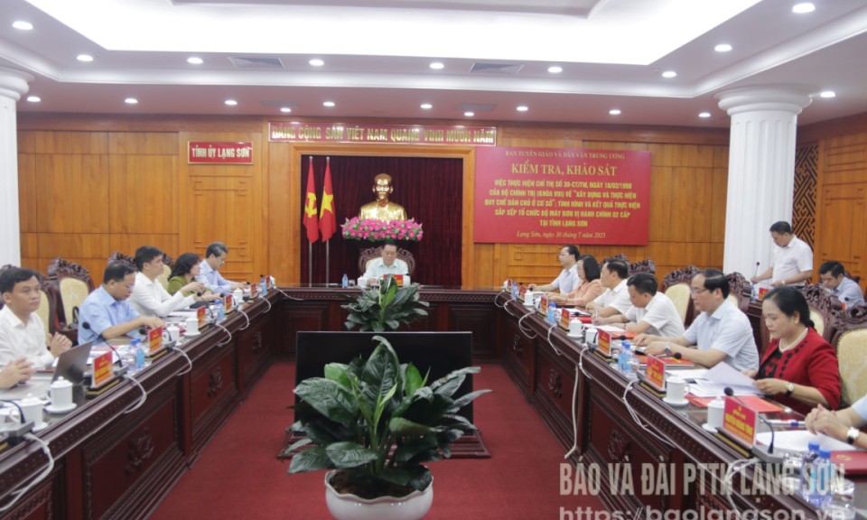 Đoàn công tác Trung ương kiểm tra, khảo sát việc thực hiện quy chế dân chủ ở cơ sở tại Lạng Sơn