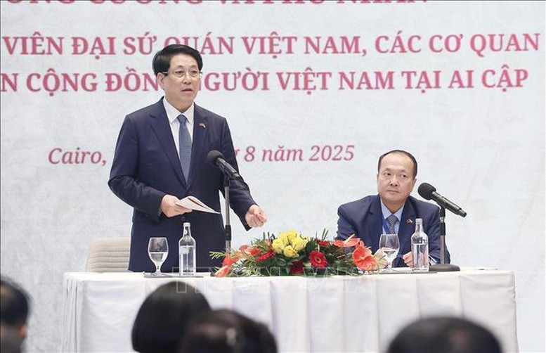Chủ tịch nước Lương Cường nói chuyện với cán bộ, nhân viên Đại sứ quán, các cơ quan và đại diện cộng đồng người Việt Nam tại Ai Cập