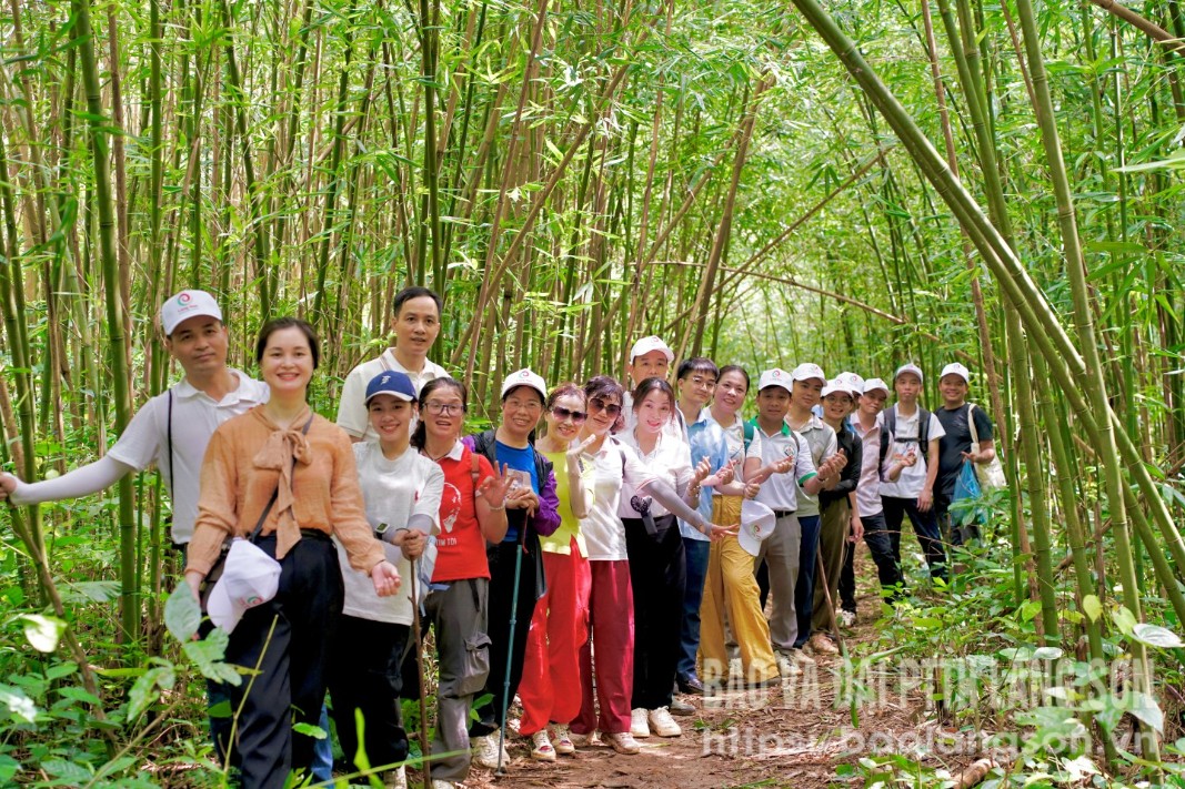 Các thành viên tham gia hoạt động check-in tại khu rừng vầu trên đường trekking