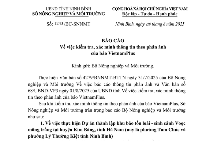 Báo cáo của Sở Nông nghiệp và Môi trường tỉnh Ninh Bình gửi Bộ Nông nghiệp và Môi trường.