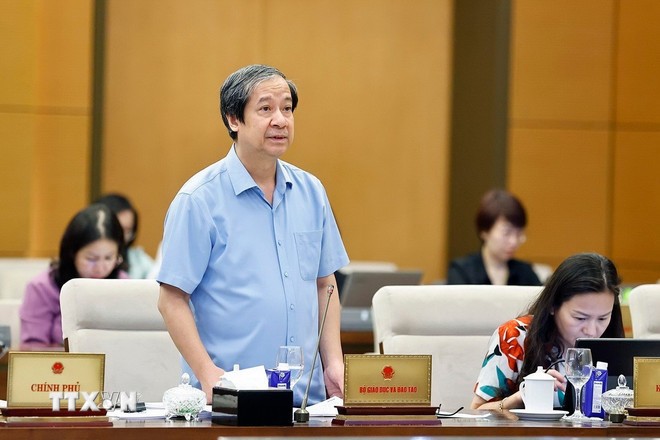 Bộ trưởng Bộ Giáo dục và Đào tạo Nguyễn Kim Sơn phát biểu. (Ảnh: Doãn Tấn/TTXVN)