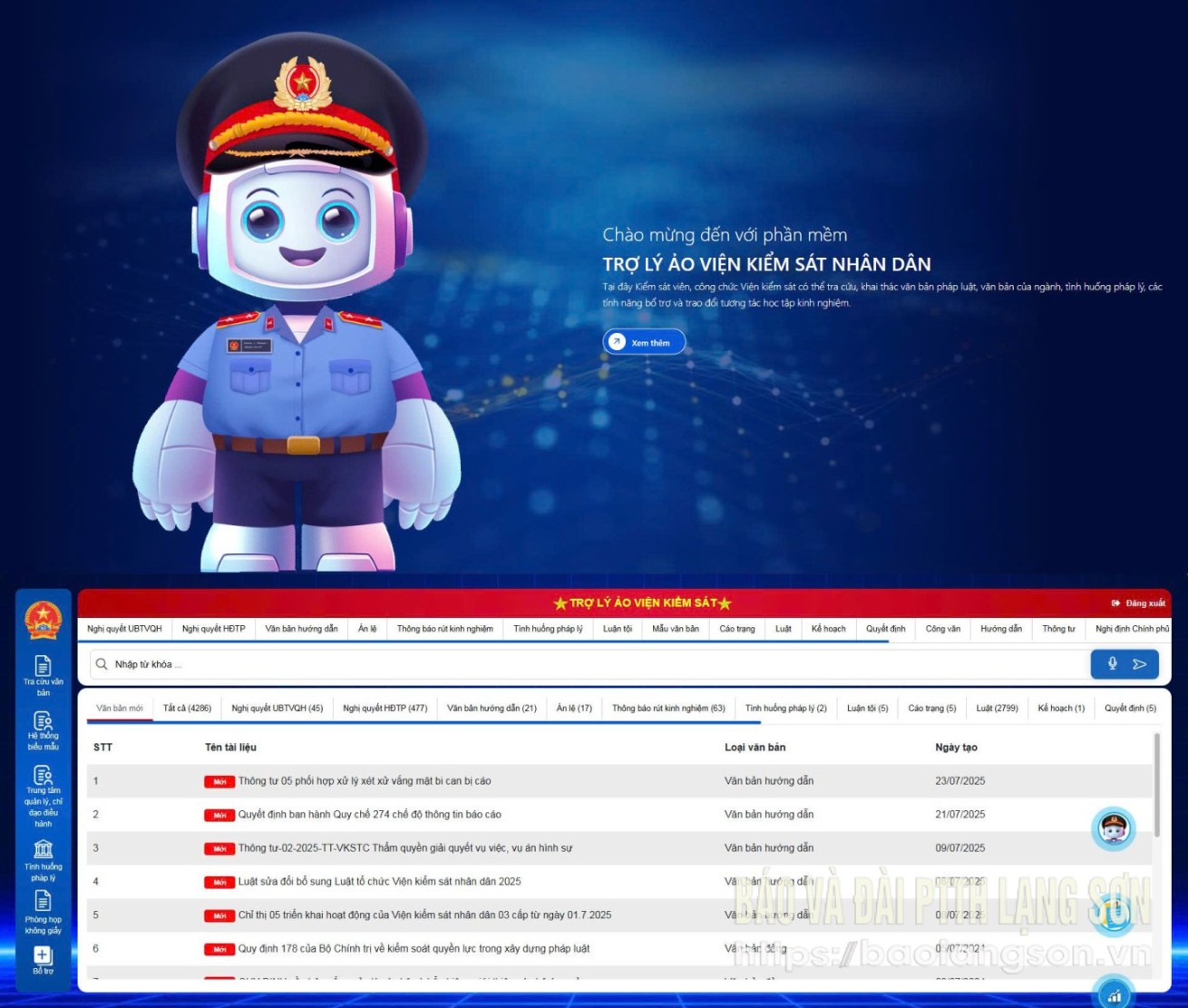 Giao diện hệ thống Trợ lý ảo VKSND
