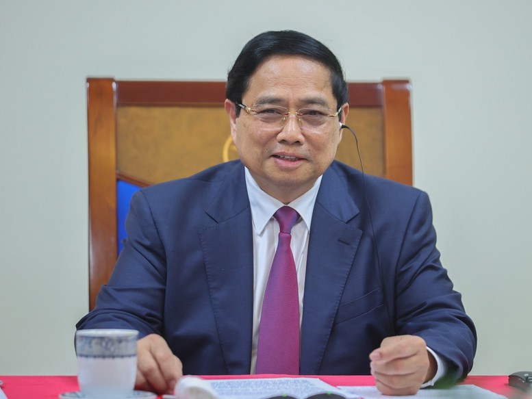 Thủ tướng Phạm Minh Chính điện đàm với Thủ tướng Campuchia Hun Manet - Ảnh: VGP/Nhật Bắc