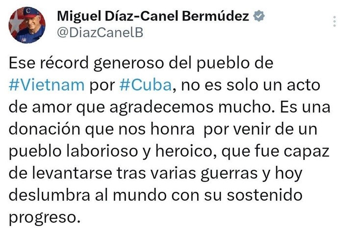 Thông điệp của Bí thư thứ nhất Ban chấp hành Trung ương Đảng Cộng sản Cuba, Chủ tịch nước Cộng hoà Cuba Miguel Díaz-Canel Bermúdez về chiến dịch 