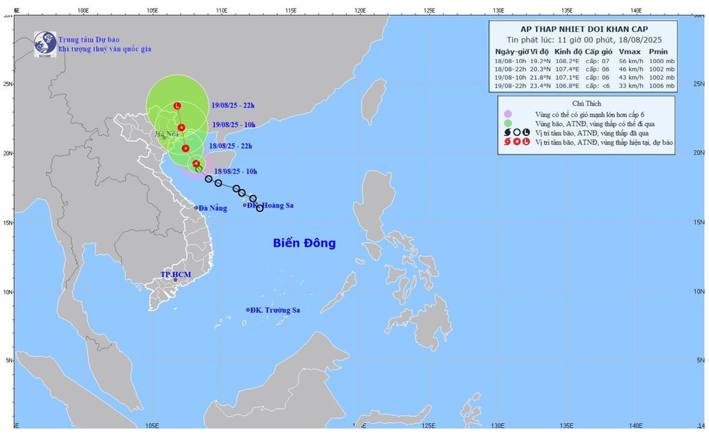 Bản đồ dự báo quỹ đạo và cường độ áp thấp nhiệt đới lúc 11 giờ ngày 18/8/2025. (Ảnh: Trung tâm Dự báo khí tượng thủy văn quốc gia)