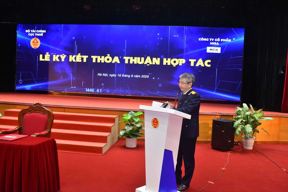 Cục trưởng Cục Thuế Mai Xuân Thành phát biểu tại lễ ký kết. (Ảnh: MINH PHƯƠNG)