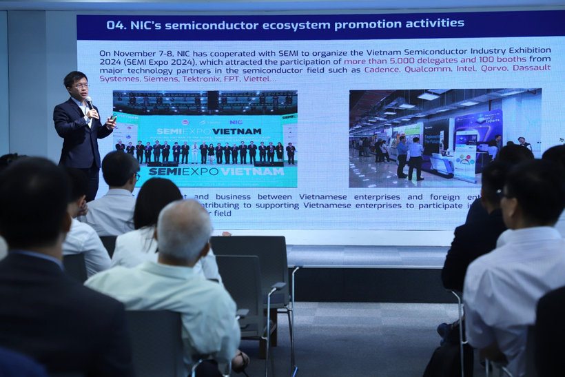Nguyen Khanh Linh, head of investment promotion and strategic technology development of the National Innovation Centre (NIC), speaks at the forum. (Photo: NIC)