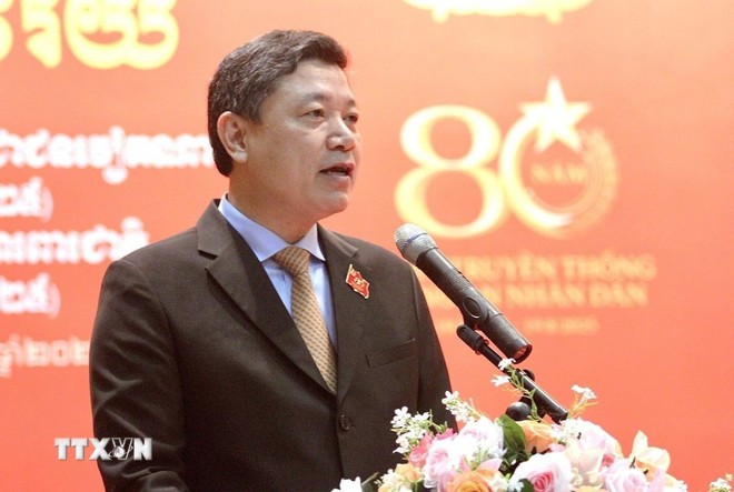Đại tá Vương Quang Bắc, Trưởng Cơ quan đại diện Bộ Công an Việt Nam tại Campuchia phát biểu tại lễ kỷ niệm. (Ảnh: Quang Anh/TTXVN)
