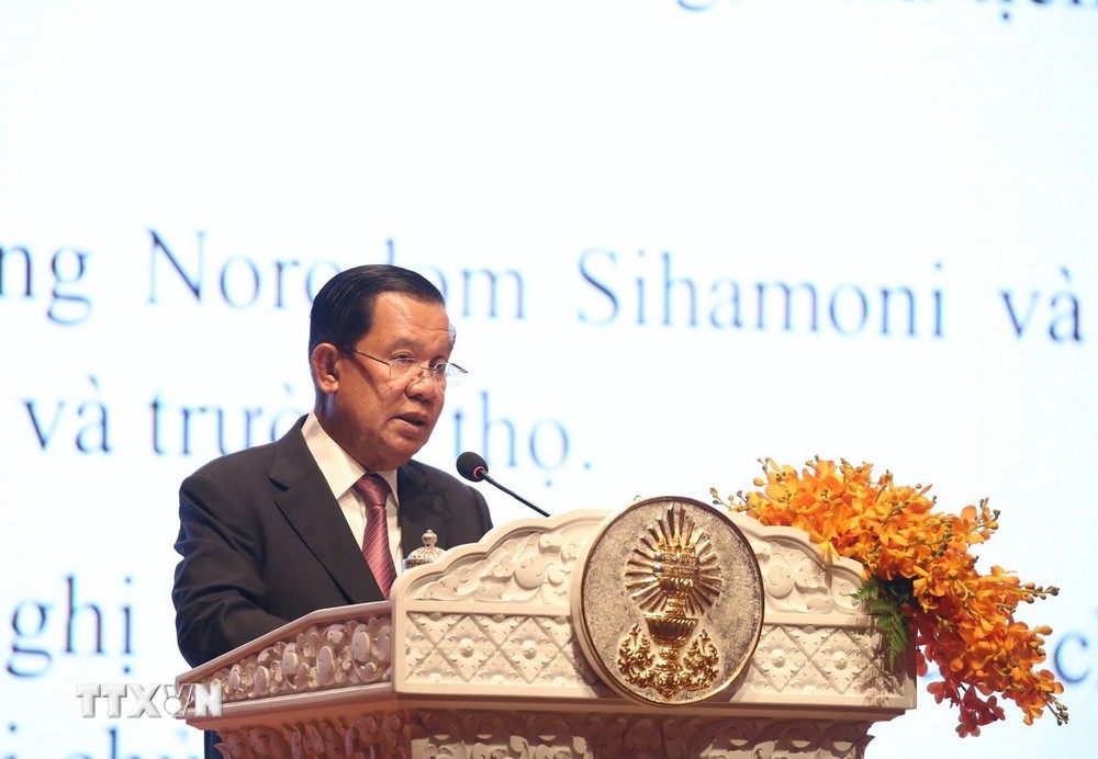 Samdech Techo Hun Sen, Chủ tịch Thượng viện Campuchia phát biểu tại lễ kỷ niệm 80 năm Quốc khánh Việt Nam. (Ảnh: Huỳnh Thảo/TTXVN)
