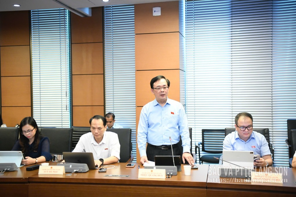 Đồng chí Triệu Quang Huy, Tỉnh ủy viên, Ủy viên Ủy ban Kinh tế và Tài chính của Quốc hội, Phó Trưởng đoàn chuyên trách phụ trách Đoàn ĐBQH tỉnh phát biểu thảo luận tại tổ, trong kỳ họp thứ 9, Quốc hội khóa XV