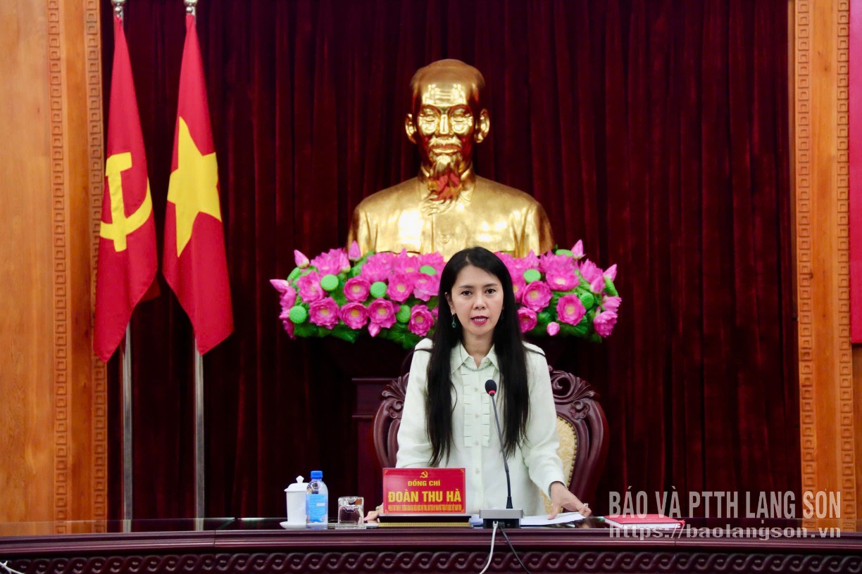 Đồng chí Đoàn Thu Hà, Phó Bí thư Tỉnh ủy, Trưởng Đoàn đại biểu Quốc hội tỉnh, Chủ tịch Ủy ban MTTQ Việt Nam tỉnh phát biểu tại buổi làm việc
